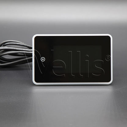 A black rectangular electronic control module with rounded corners, a white border, a black cable on the left, and the brand name 'Wellis' embossed on the front, set against a dark gray background.