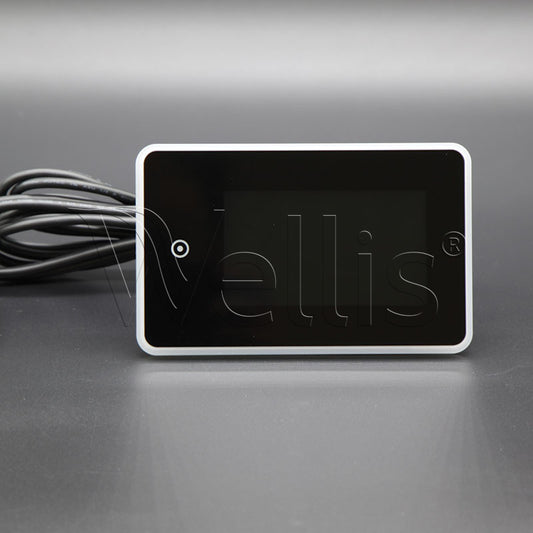 A black rectangular electronic control module with rounded corners, a white border, a black cable on the left, and the brand name 'Wellis' embossed on the front, set against a dark gray background.
